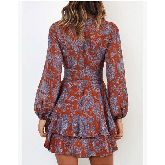 NEW V Neck Ruffle Chiffon Tie Knot Mini L Swing Skater Dress XL - Picture 2 of 6